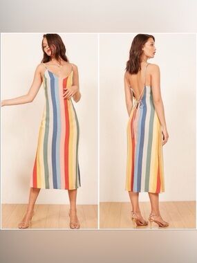 Reformation Jaxon V-Neck Midi Dress in Rainbow Stripes